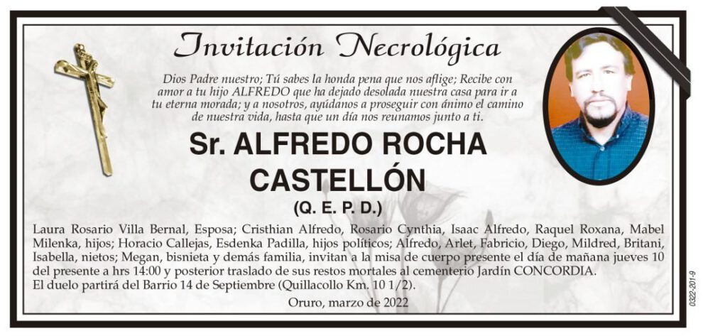 Invitación Necrológica: Sr. Alfredo Rocha Castellón (Q. E. P. D.)