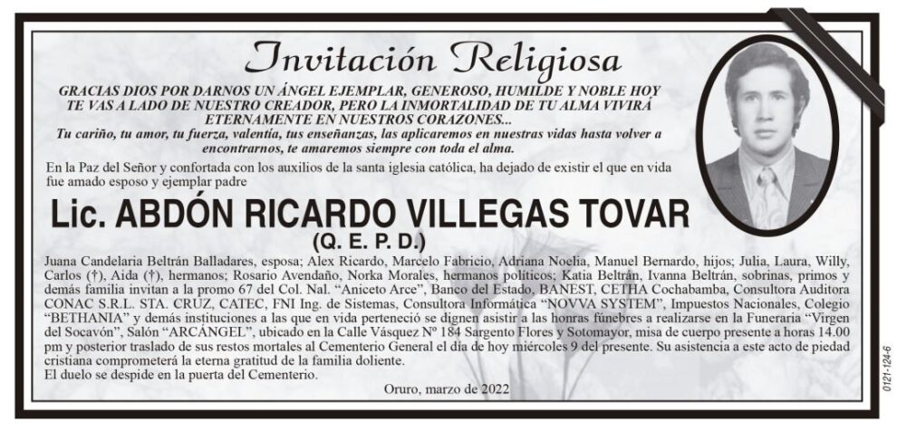 Lic. Abdón Ricardo Villegas Tovar obituario