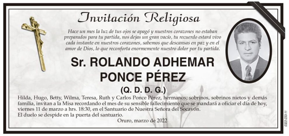 Invitación Religiosa para Rolando Adhemar Ponce Pérez