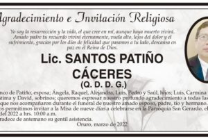 Agradecimiento e Invitación Religiosa: Lic. Santos Patiño Cáceres