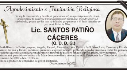 Agradecimiento e Invitación Religiosa: Lic. Santos Patiño Cáceres