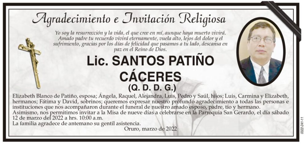 Agradecimiento e Invitación Religiosa: Lic. Santos Patiño Cáceres