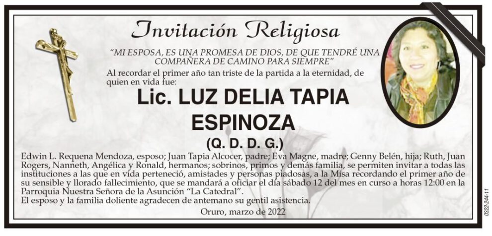 Invitación Religiosa para Lic. Luz Delia Tapia Espinoza
