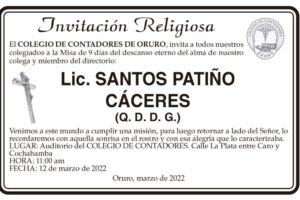 Lic. Santos Patiño Cáceres invitación a misa de 9 días