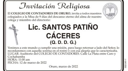 Lic. Santos Patiño Cáceres invitación a misa de 9 días