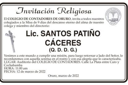 Lic. Santos Patiño Cáceres invitación a misa de 9 días