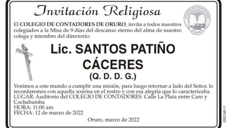 Lic. Santos Patiño Cáceres invitación a misa de 9 días