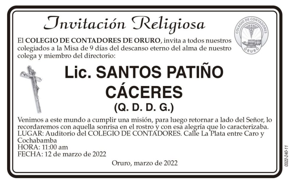 Lic. Santos Patiño Cáceres invitación a misa de 9 días