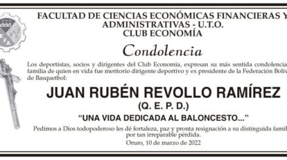 Condolencia por Juan Rubén Revollo Ramírez