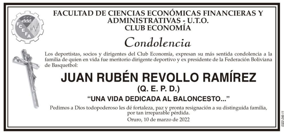 Condolencia por Juan Rubén Revollo Ramírez