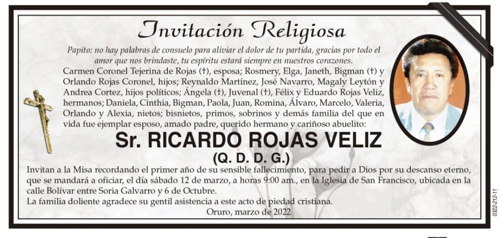 Invitación Religiosa para Ricardo Rojas Veliz