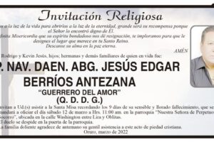 Invitación Religiosa para CAP. NAV. DAEN. ABG. JESÚS EDGAR BERRÍOS ANTEZANA