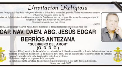 Invitación Religiosa para CAP. NAV. DAEN. ABG. JESÚS EDGAR BERRÍOS ANTEZANA