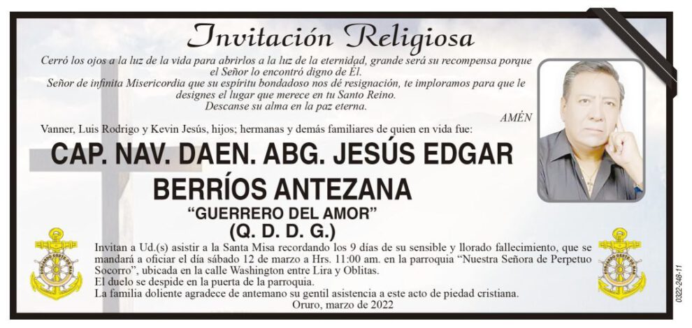 Invitación Religiosa para CAP. NAV. DAEN. ABG. JESÚS EDGAR BERRÍOS ANTEZANA