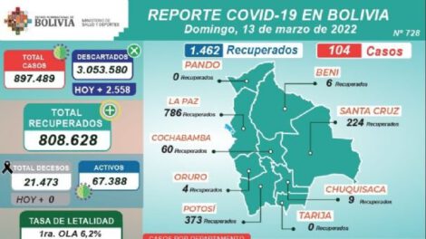 Covid-19 en Bolivia: 104 nuevos contagios reportados