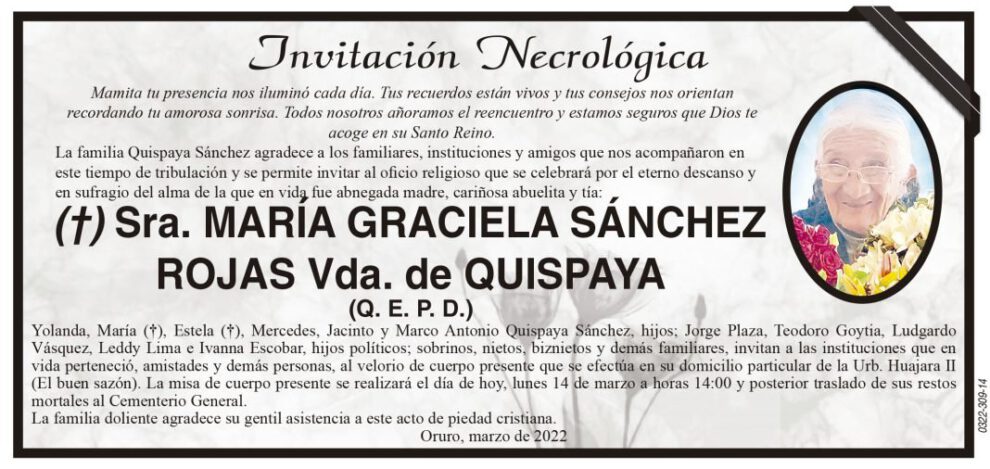 Invitación Necrológica María Graciela Sánchez Rojas