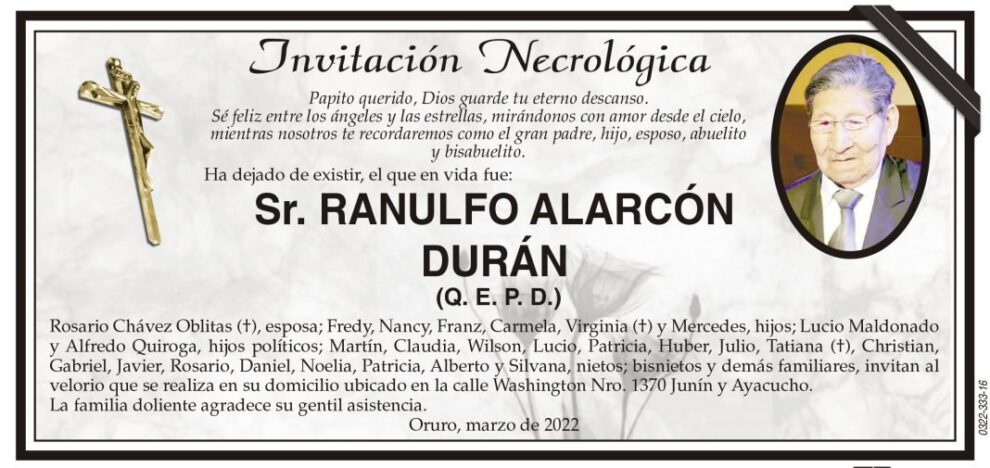 Invitación Necrológica: Sr. Ranulfo Alarcón Durán
