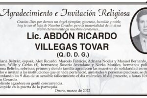 Agradecimiento por Lic. Abdón Ricardo Villegas Tovar