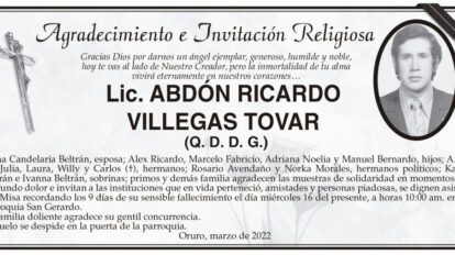 Agradecimiento por Lic. Abdón Ricardo Villegas Tovar