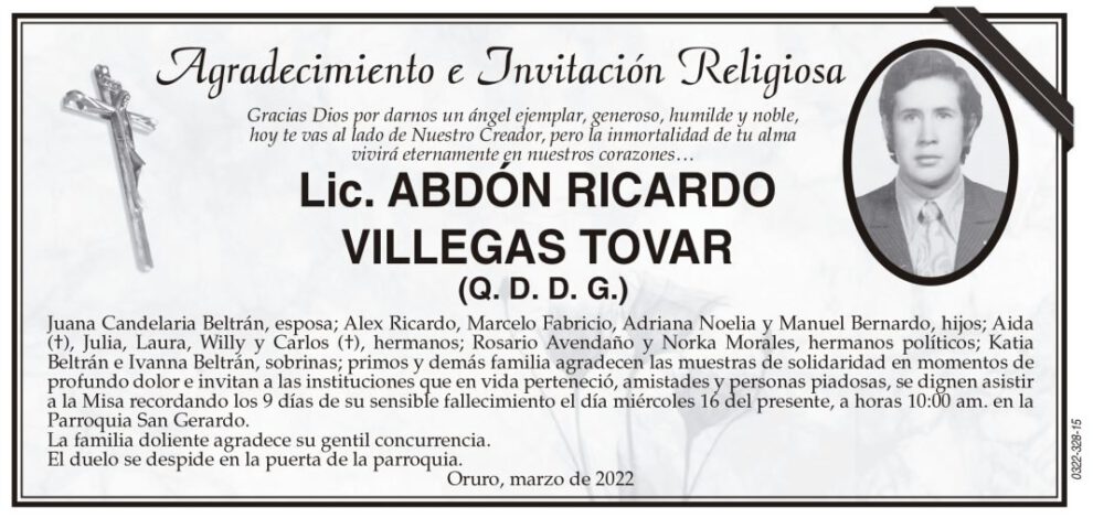 Agradecimiento por Lic. Abdón Ricardo Villegas Tovar