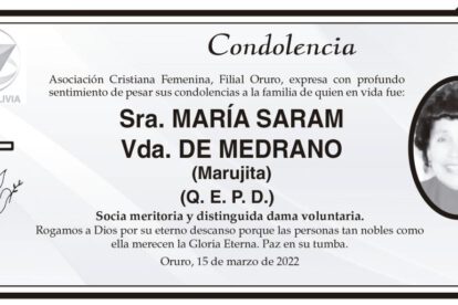 Condolencia por María Saram Vda. de Medrano