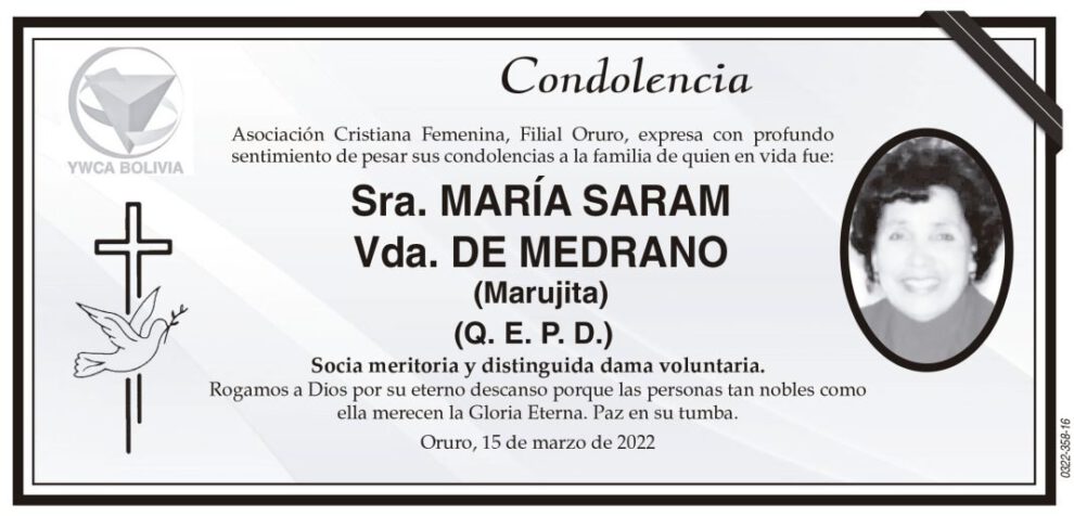 Condolencia por María Saram Vda. de Medrano