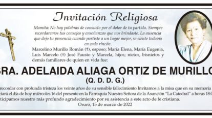 SRA. ADELAIDA ALIAGA ORTIZ DE MURILLO en invitación religiosa