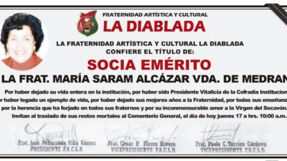Necrológico de María Saram Alcázar Vda. de Medrano
