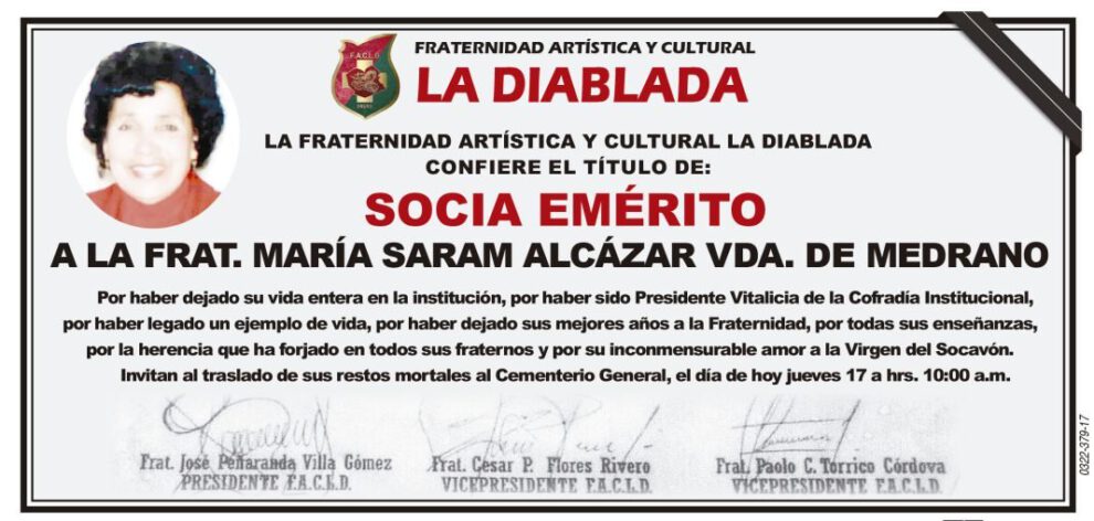 Necrológico de María Saram Alcázar Vda. de Medrano