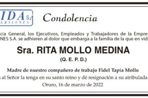 Condolencia por la Sra. Rita Mollo Medina