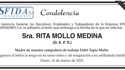 Condolencia por la Sra. Rita Mollo Medina