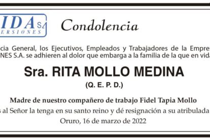 Condolencia por la Sra. Rita Mollo Medina
