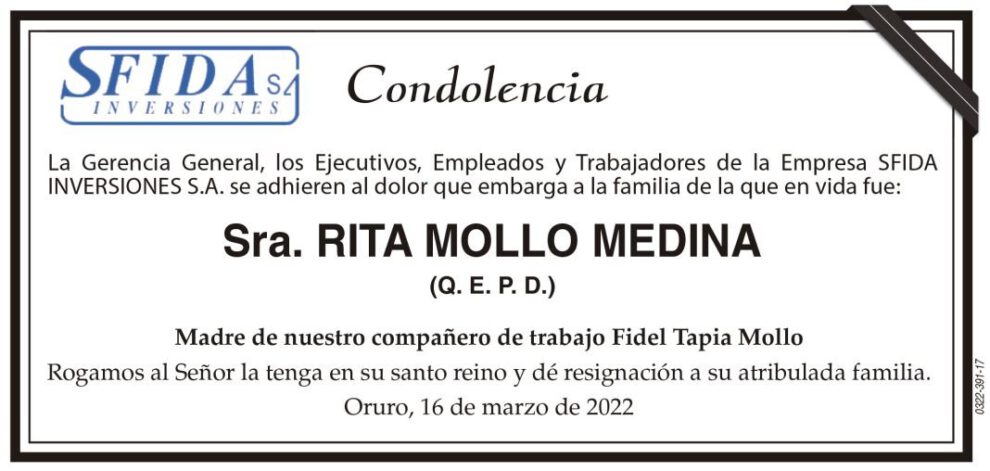 Condolencia por la Sra. Rita Mollo Medina