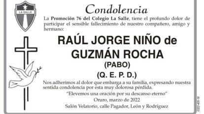 Condolencia por Raúl Jorge Niño de Guzmán Rocha