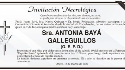 Invitación Necrológica de Antonia Bayá Galleguillos