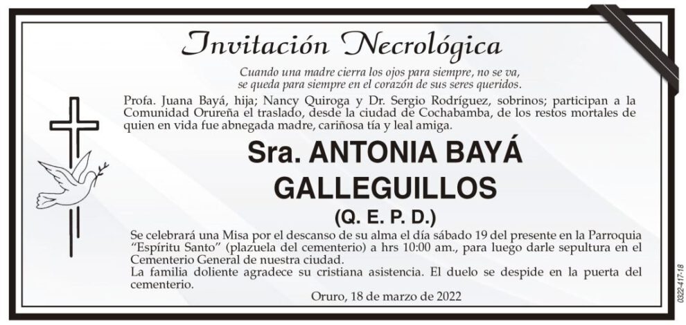 Invitación Necrológica de Antonia Bayá Galleguillos