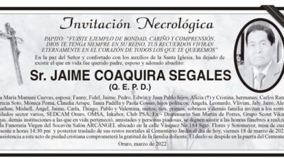 Invitación Necrológica para Jaime Coaquira Segales