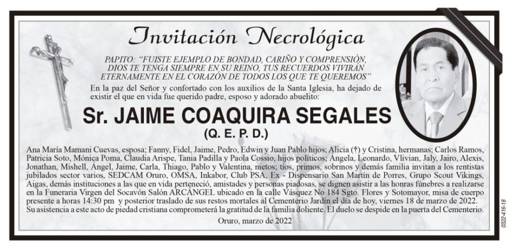Invitación Necrológica para Jaime Coaquira Segales