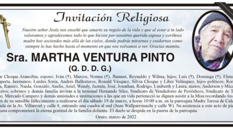 Martha Ventura Pinto, invitación a misa recordatoria