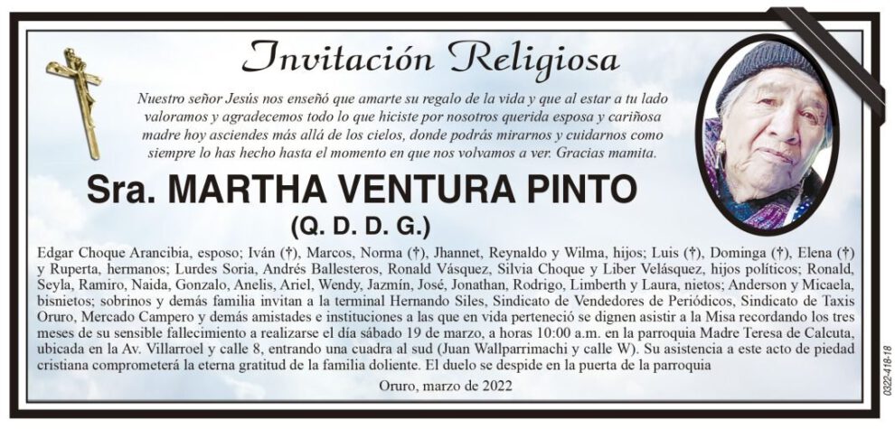 Martha Ventura Pinto, invitación a misa recordatoria