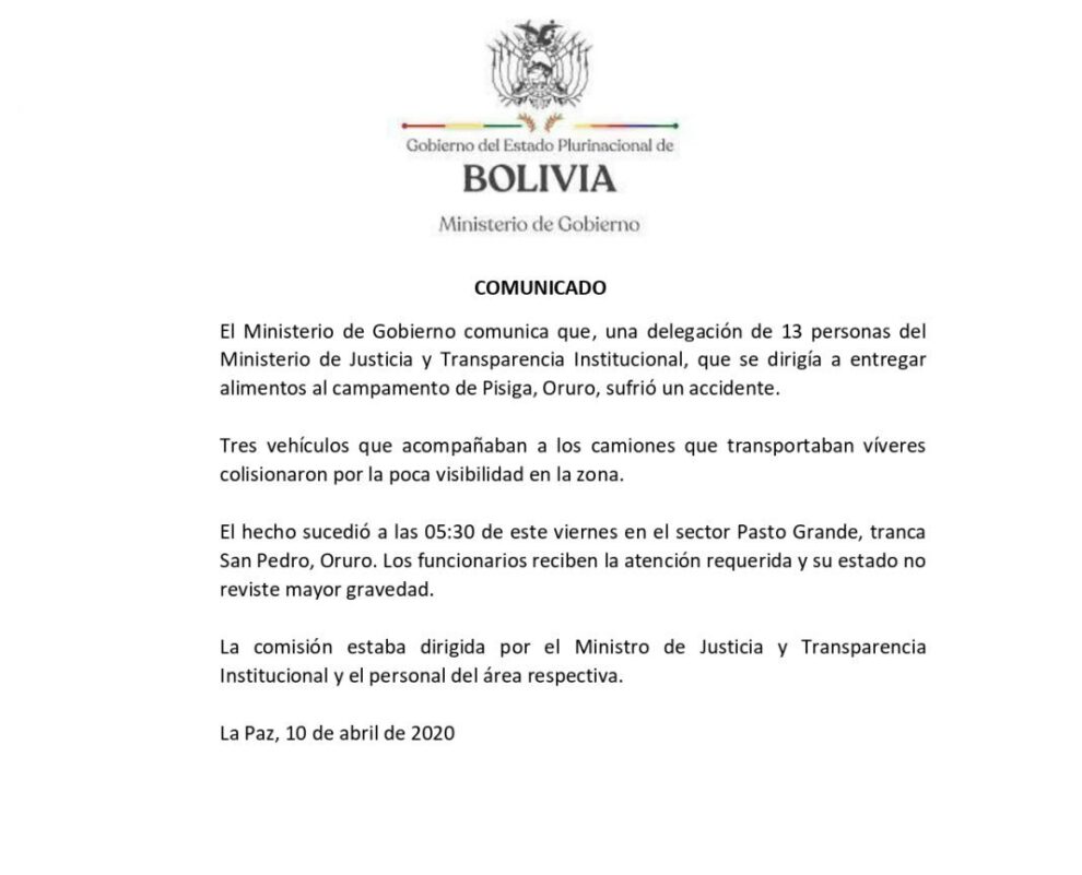 Accidente de tránsito Ministerio de Justicia en Oruro
