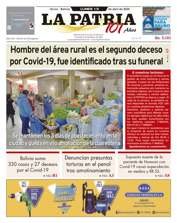 Edición PDF La Patria del 13 de abril de 2020