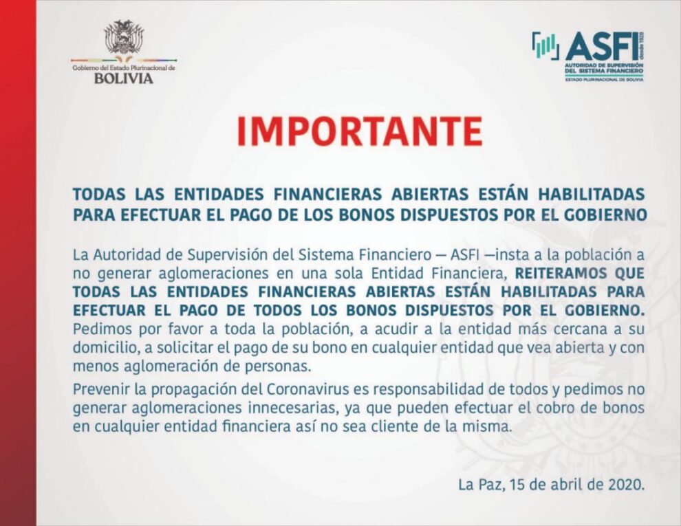 Comunicado de la ASFI sobre el pago de bonos