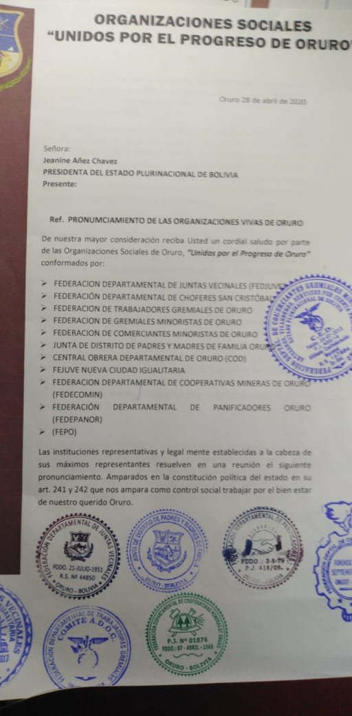 Pronunciamiento de las organizaciones sociales de Oruro