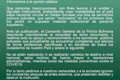 Policía Nacional desmiente rumores sobre reubicación de servidores públicos