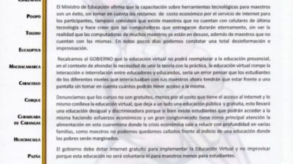 Pronunciamiento de los maestros de Oruro sobre internet gratuito para educación virtual