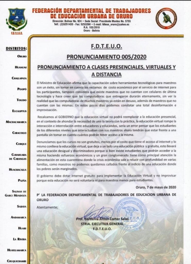 Pronunciamiento de los maestros de Oruro sobre internet gratuito para educación virtual