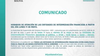Comunicado de la ASFI sobre horario de atención