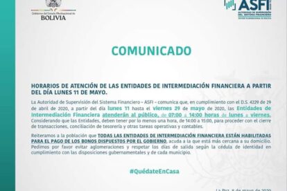Comunicado de la ASFI sobre horario de atención