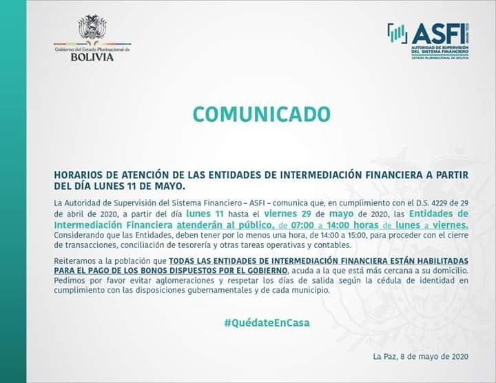 Comunicado de la ASFI sobre horario de atención